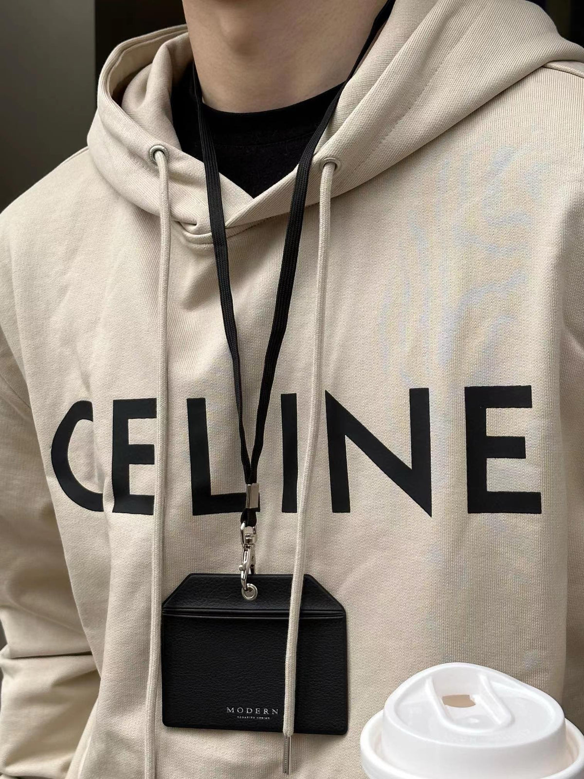 Celine Logo Print Pullover Hoodie Unisex Beige