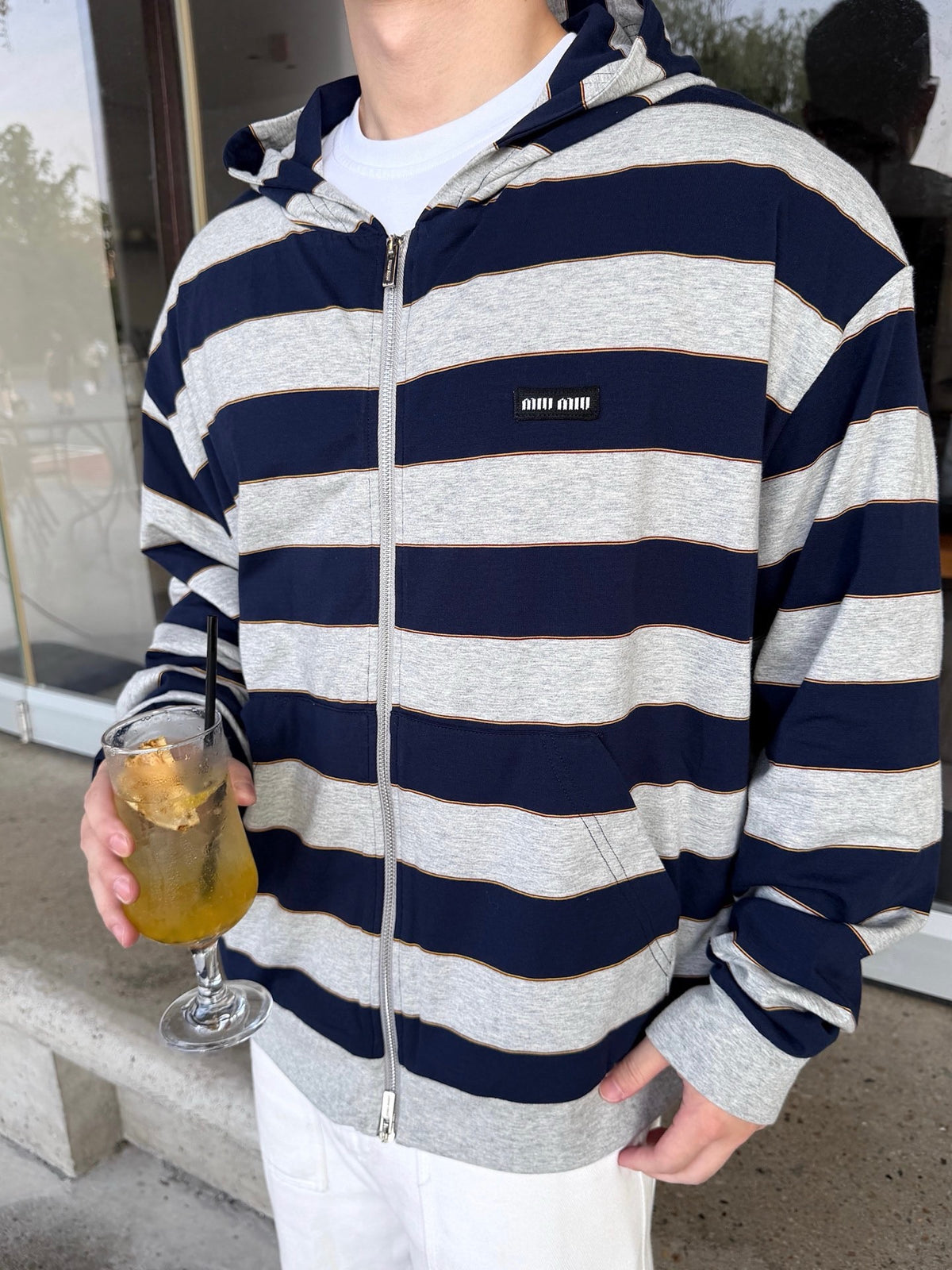 Miu Miu Striped Full Zip Hoodie, Heather Grey Navy