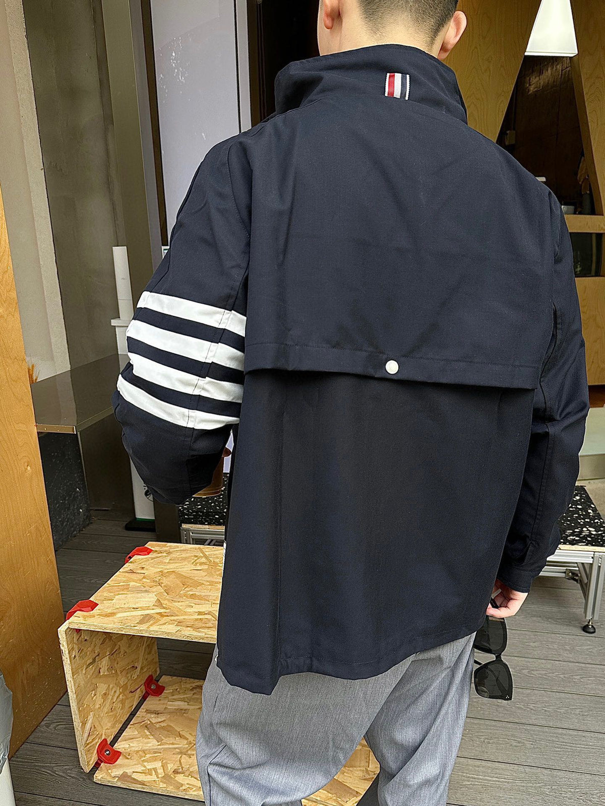 Thom Browne Navy 4-Bar Stand Collar Windbreaker Jacket Unisex