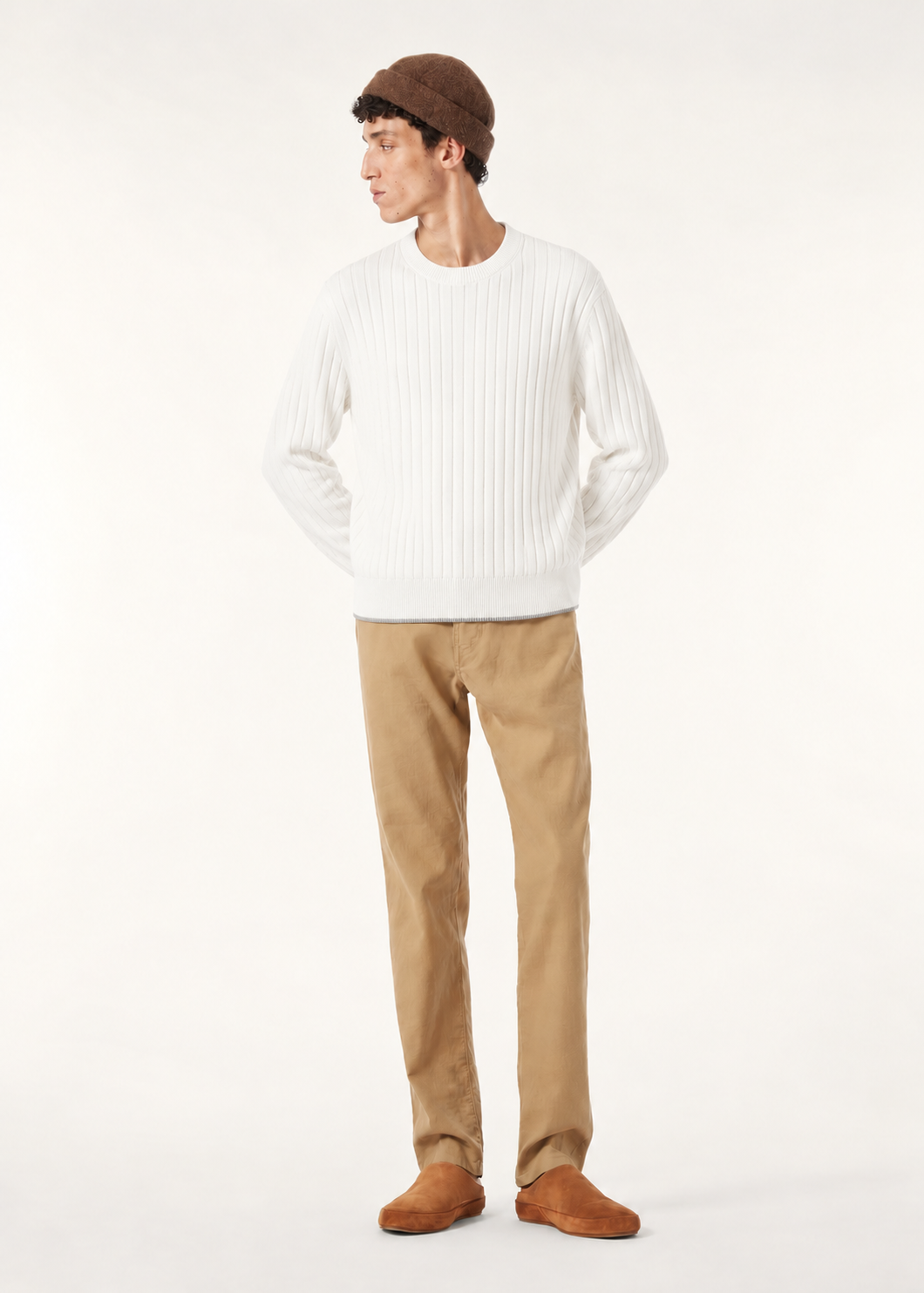 Bottega Veneta White Vertical Ribbed Crew Neck Long Sleeve Knit Top