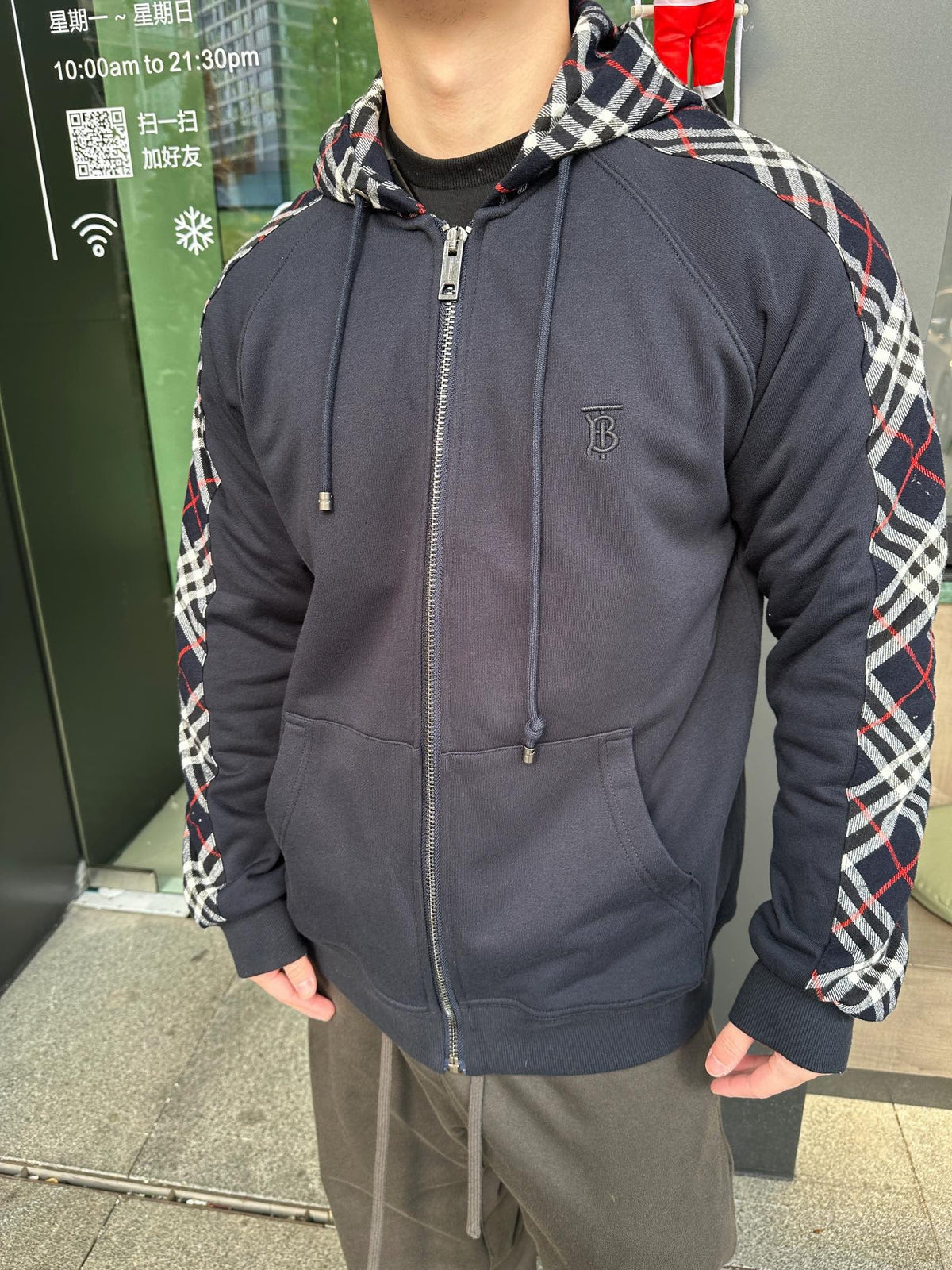 Burberry Navy Vintage Check Panel Zip Up Hoodie Unisex