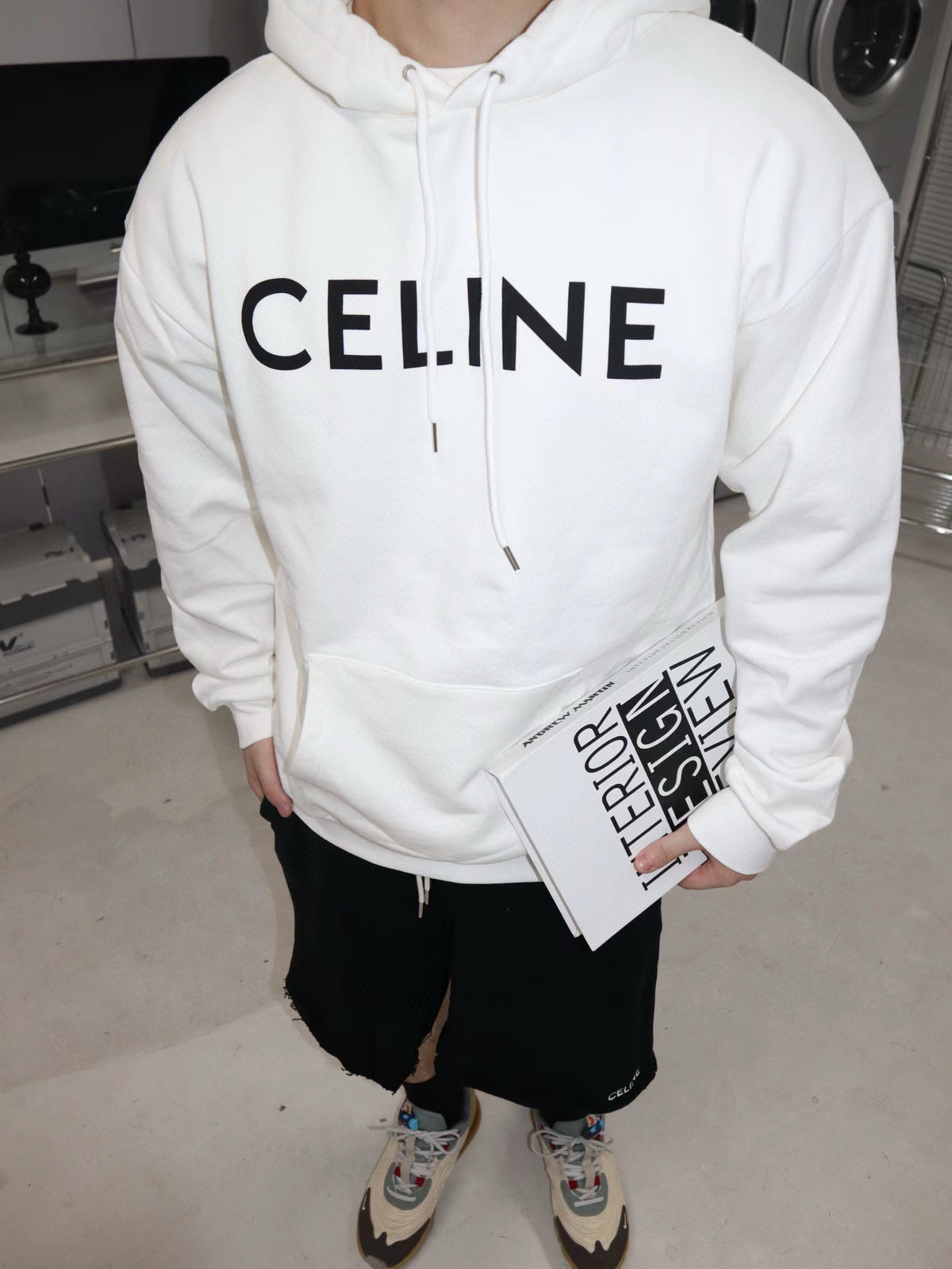Celine Logo Print Pullover Hoodie Unisex white