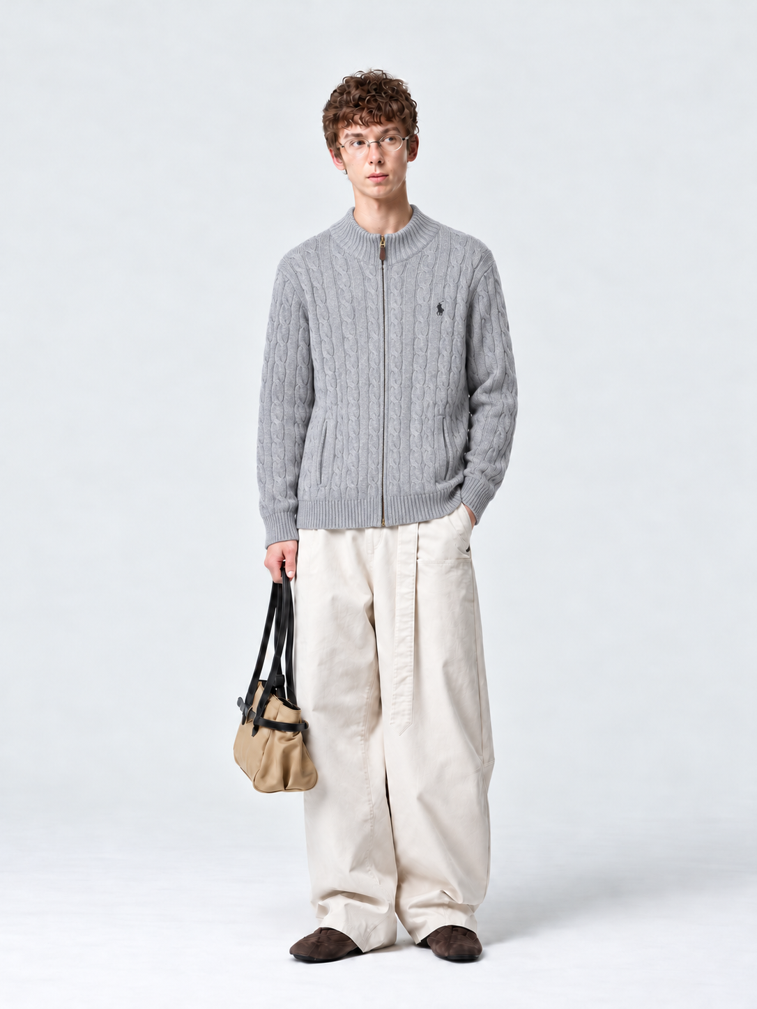 Polo Ralph Lauren Light Grey Cable Knit Full Zip Sweater White Pony Logo Unisex