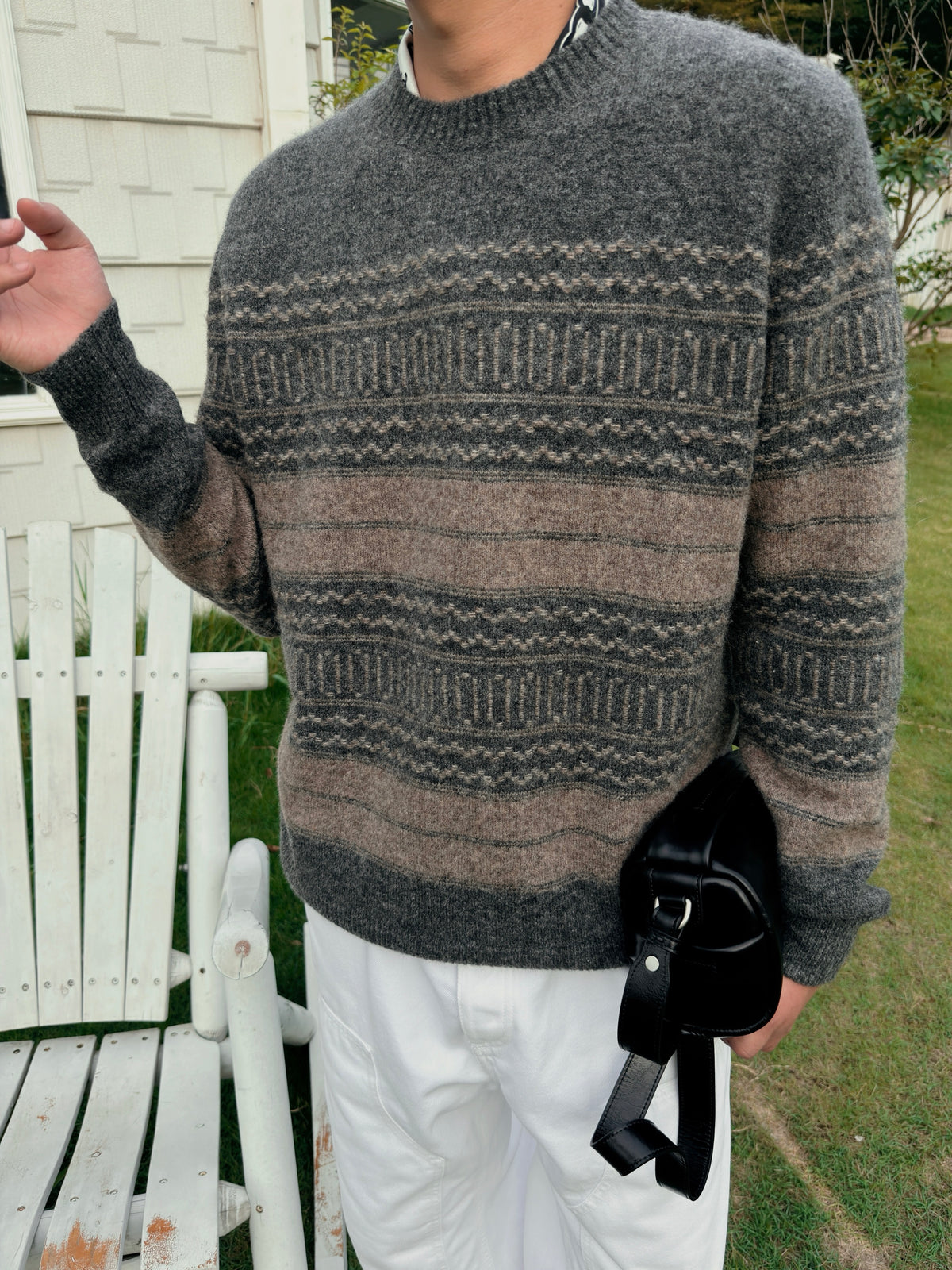 Fair Isle Crew Neck Knit Sweater Retro Stripe Jacquard Pullover Unisex Heather Grey