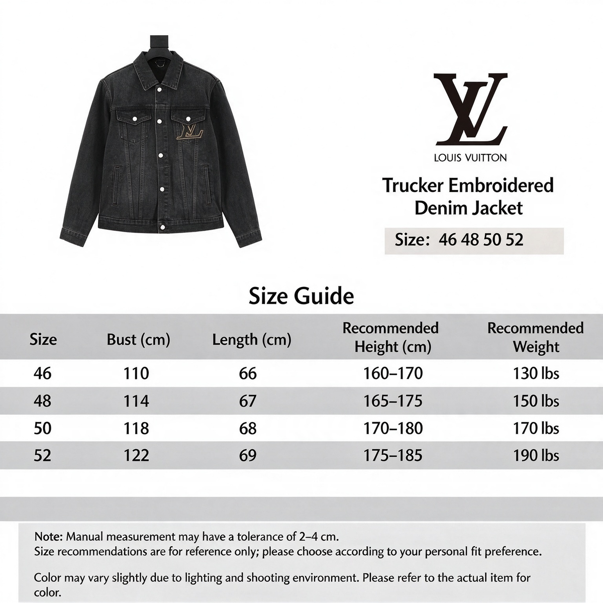 LV Chest Embroidery Logo Denim Jacket Classic Trucker Coat Unisex Washed Black