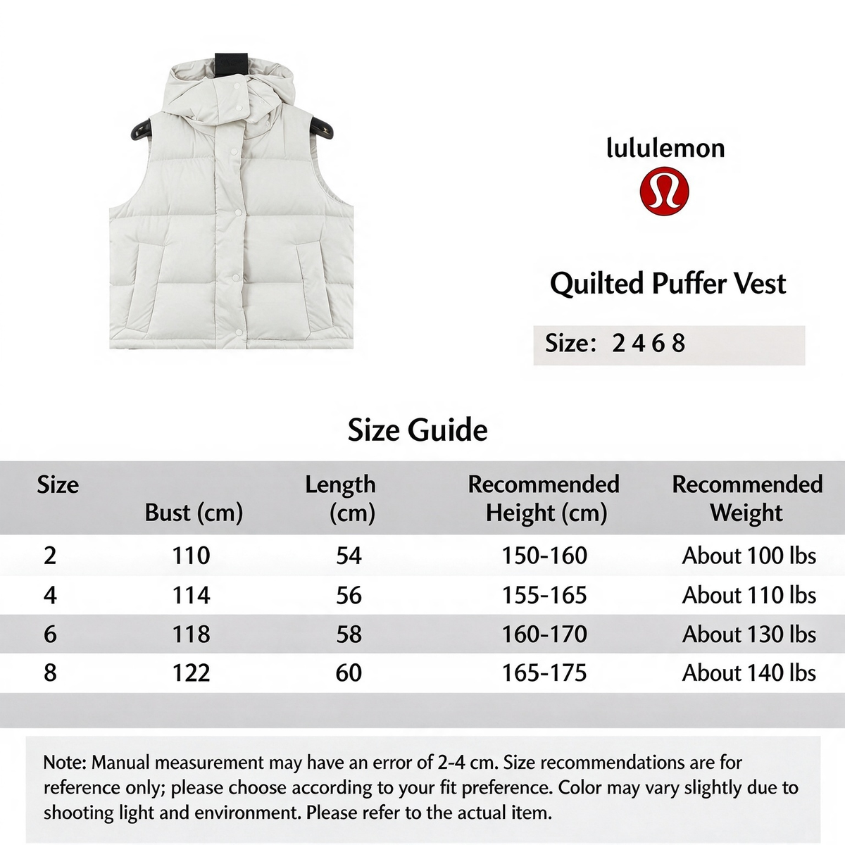 Lululemon Quilted Hood Puffer Vest Snap Button Sleeveless Warm Gilet Unisex White