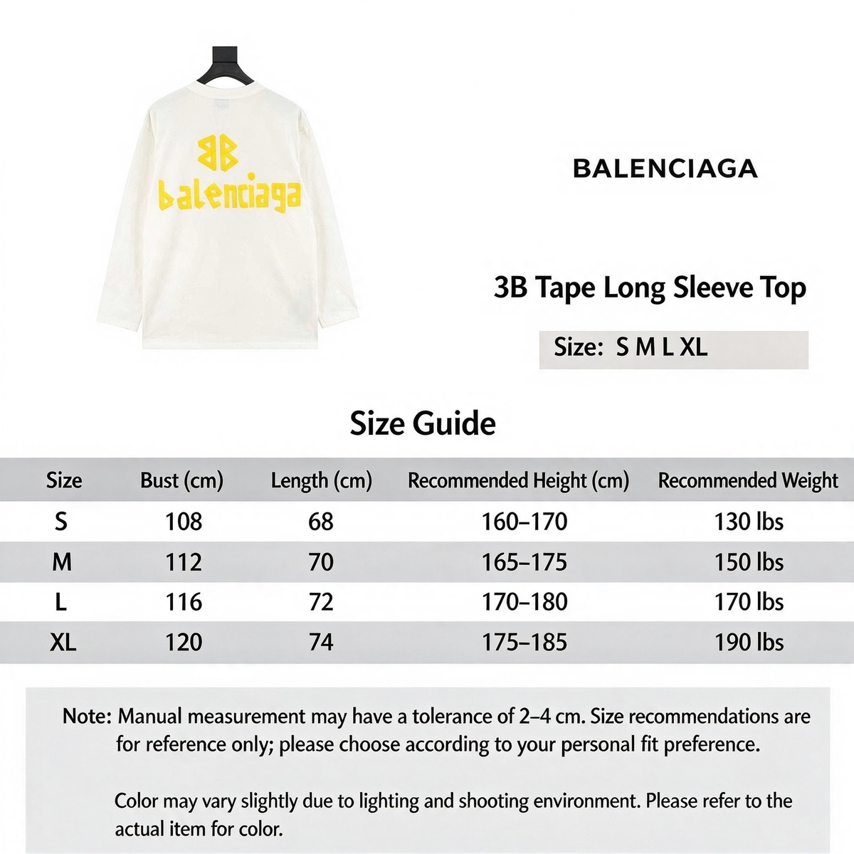 Balenciaga Tape Print Logo Long Sleeve Top Oversized Casual Shirt Unisex Off White with Gold Tape Print