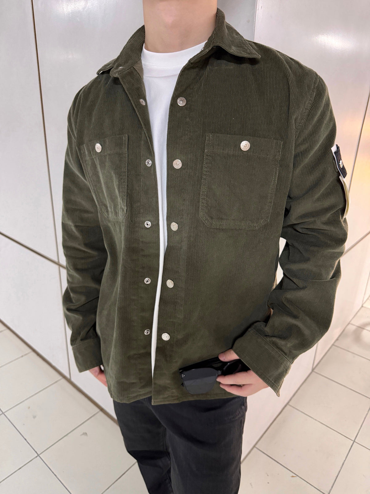 Stone Island Olive Green Corduroy Overshirt Button Up Shirt Compass Badge Unisex
