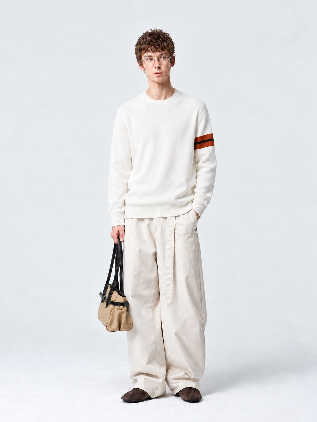Off White Crew Neck Knit Sweater Orange Striped Sleeve Minimalist Pullover Unisex(副本)