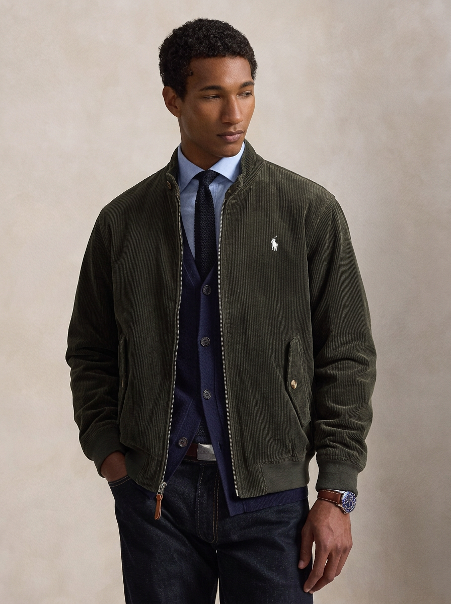 Polo Ralph Lauren Olive Corduroy Bomber Jacket Pony Logo Zip Coat