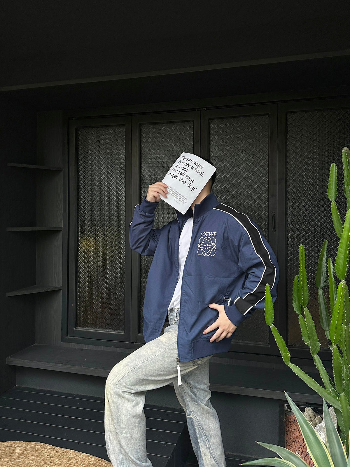 Loewe Navy Color Block Track Jacket Anagram Print Zip Up Coat