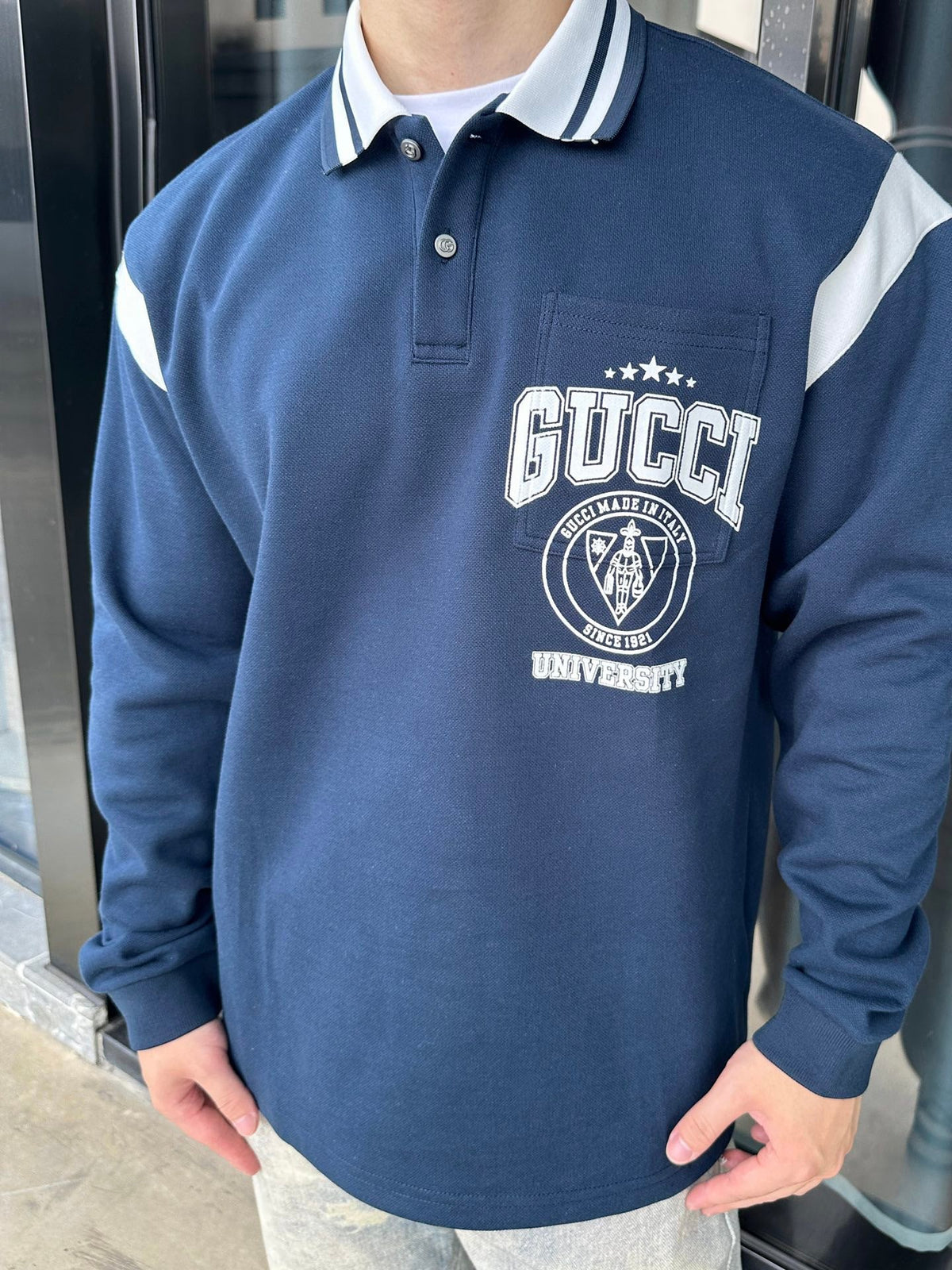 Gucci University Logo Long Sleeve Polo Shirt – Navy with Striped Collar