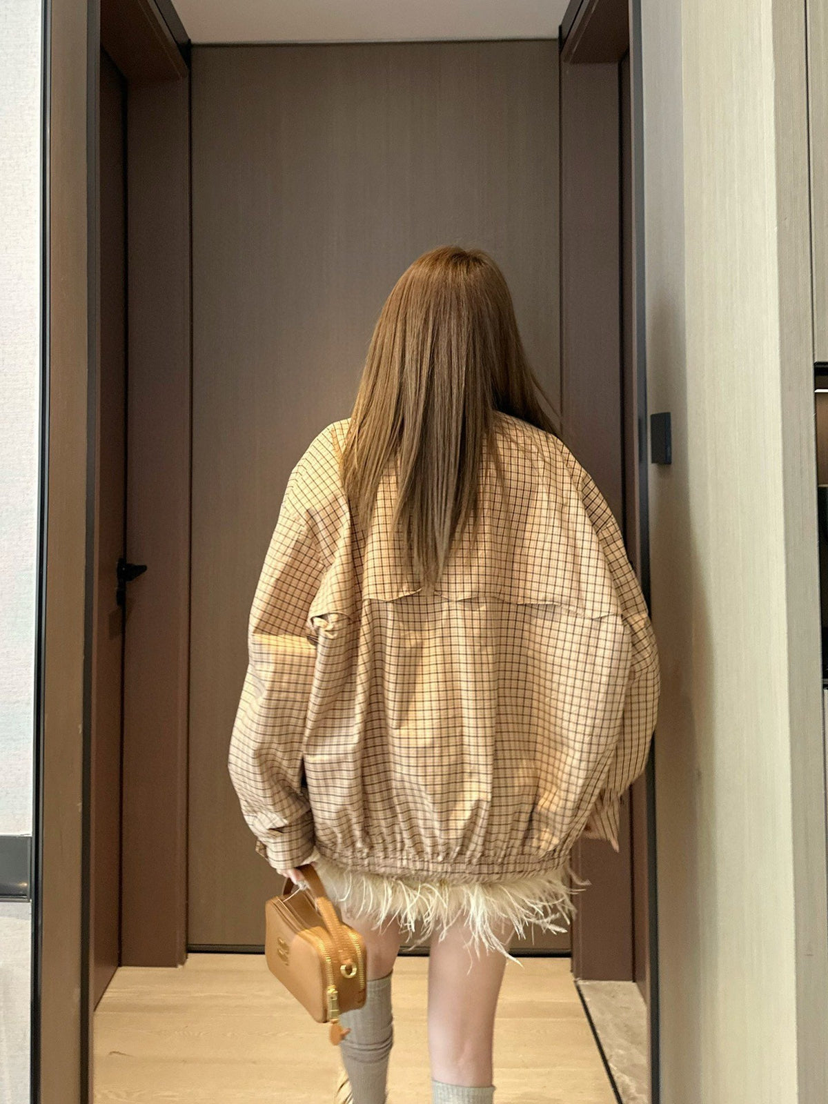 Miu Miu Peach Check Stand Collar Zip Up Jacket Unisex