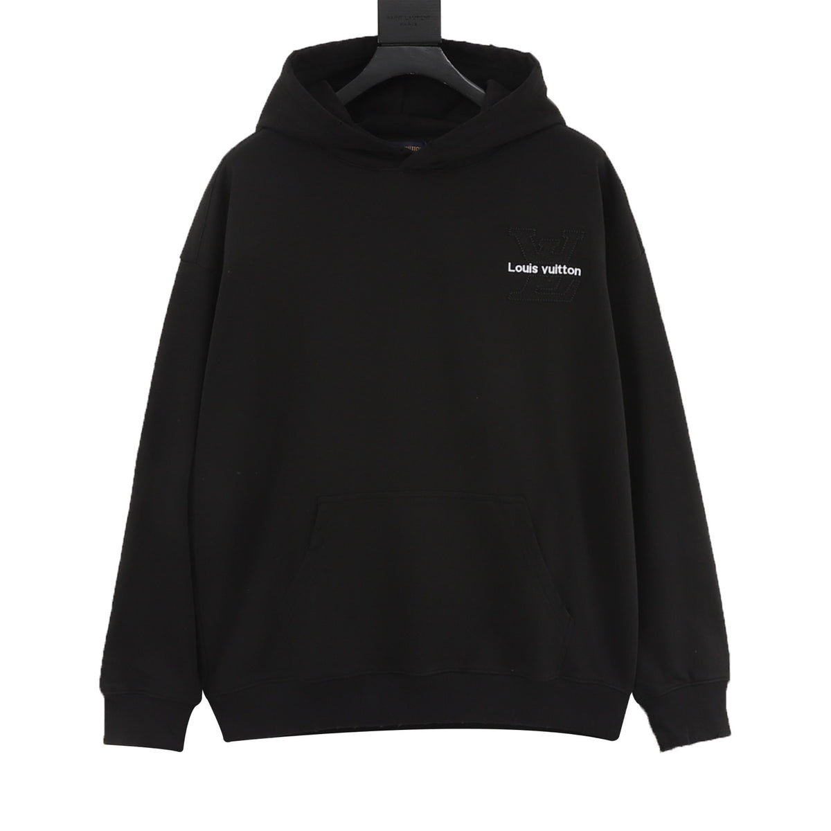 Louis Vuitton Embossed Logo Hoodie Unisex LV Letter Print Pullover Sweatshirt Black