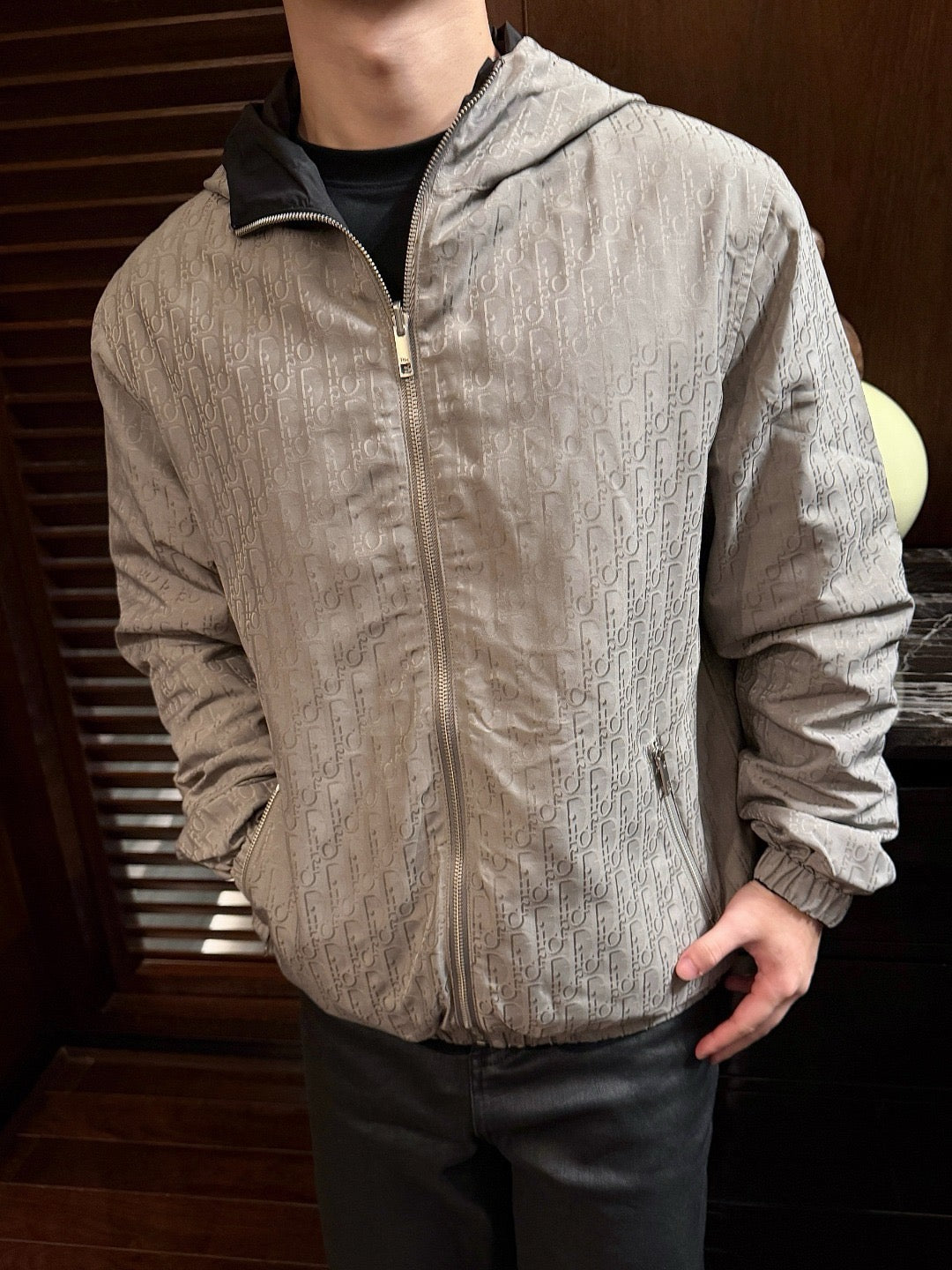 Dior Minimal Logo Hooded Jacket Lightweight Zip Up Wind Coat Unisex Light Grey