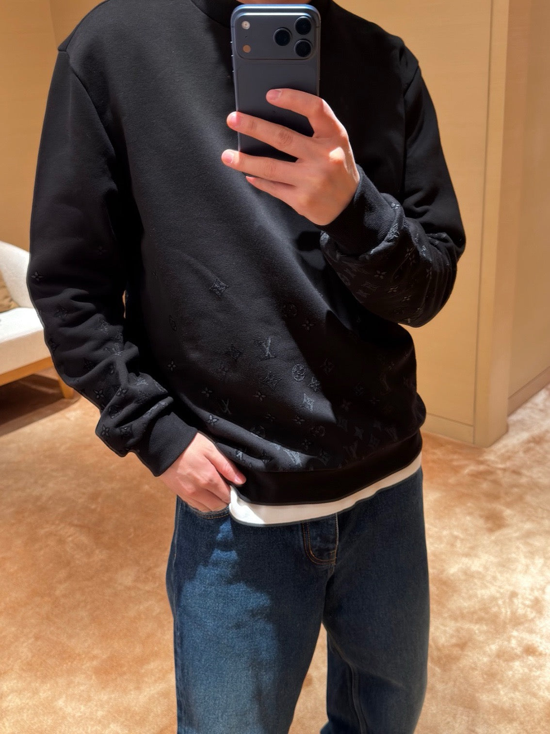 Louis Vuitton 3D Raised Monogram Crewneck Sweatshirt Unisex Pullover Black