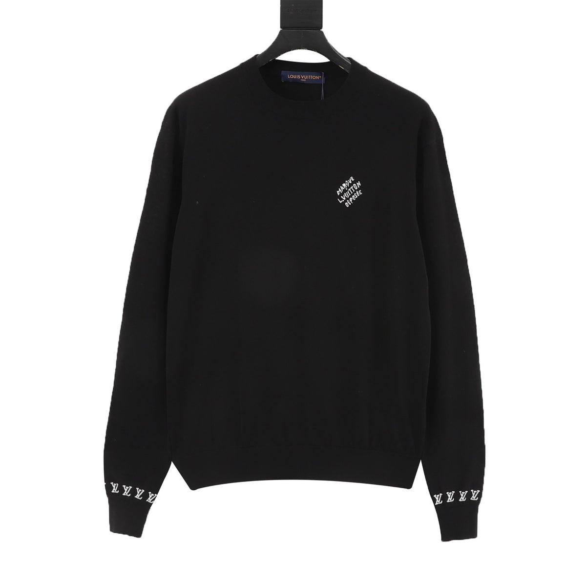 Luxury Handwriting Logo Crew Neck Knit Sweater Rib Cuff Streetwear Pullover Unisex Solid Black
