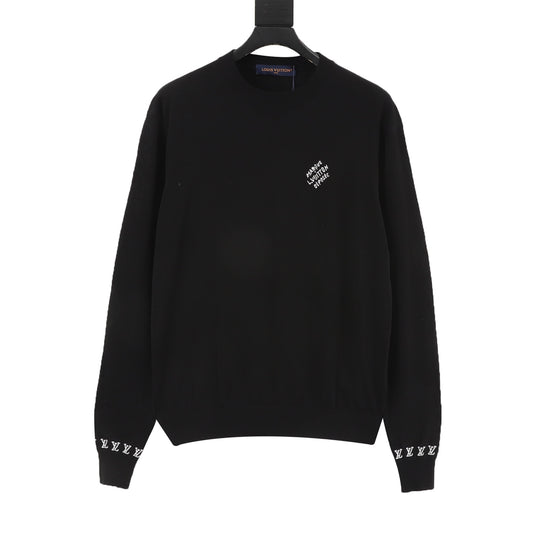 Luxury Handwriting Logo Crew Neck Knit Sweater Rib Cuff Streetwear Pullover Unisex Solid Black
