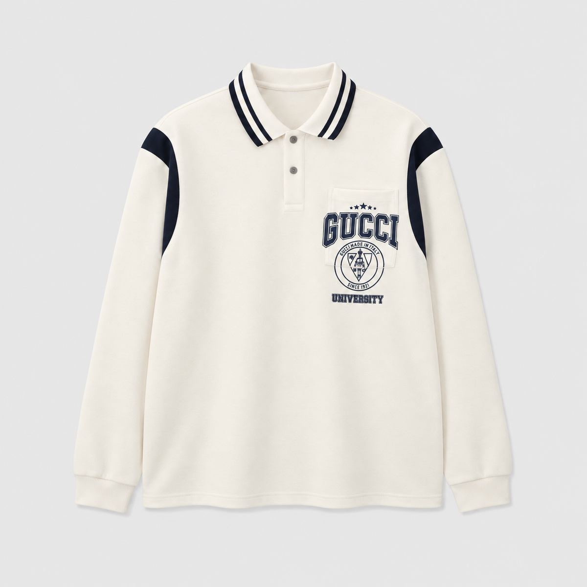 Gucci University Logo Long Sleeve Polo Shirt – Ivory with Striped Collar