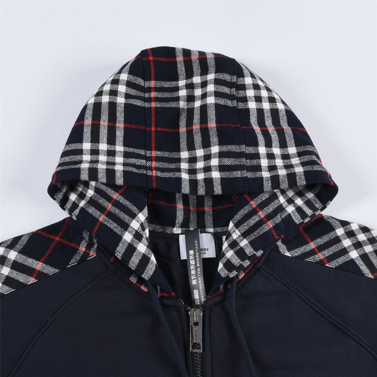 Burberry Navy Vintage Check Panel Zip Up Hoodie Unisex