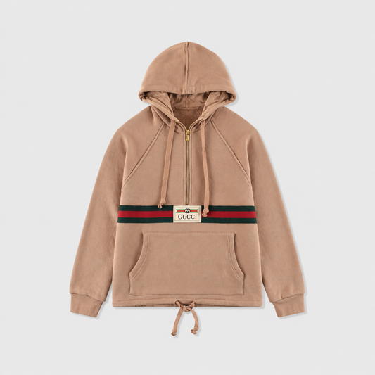 Gucci Khaki Web Stripe Half Zip Hoodie Unisex