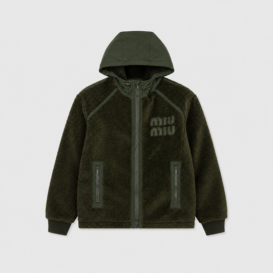 Miu Miu Dark Olive Hooded Sherpa Fleece Zip Jacket Logo Unisex
