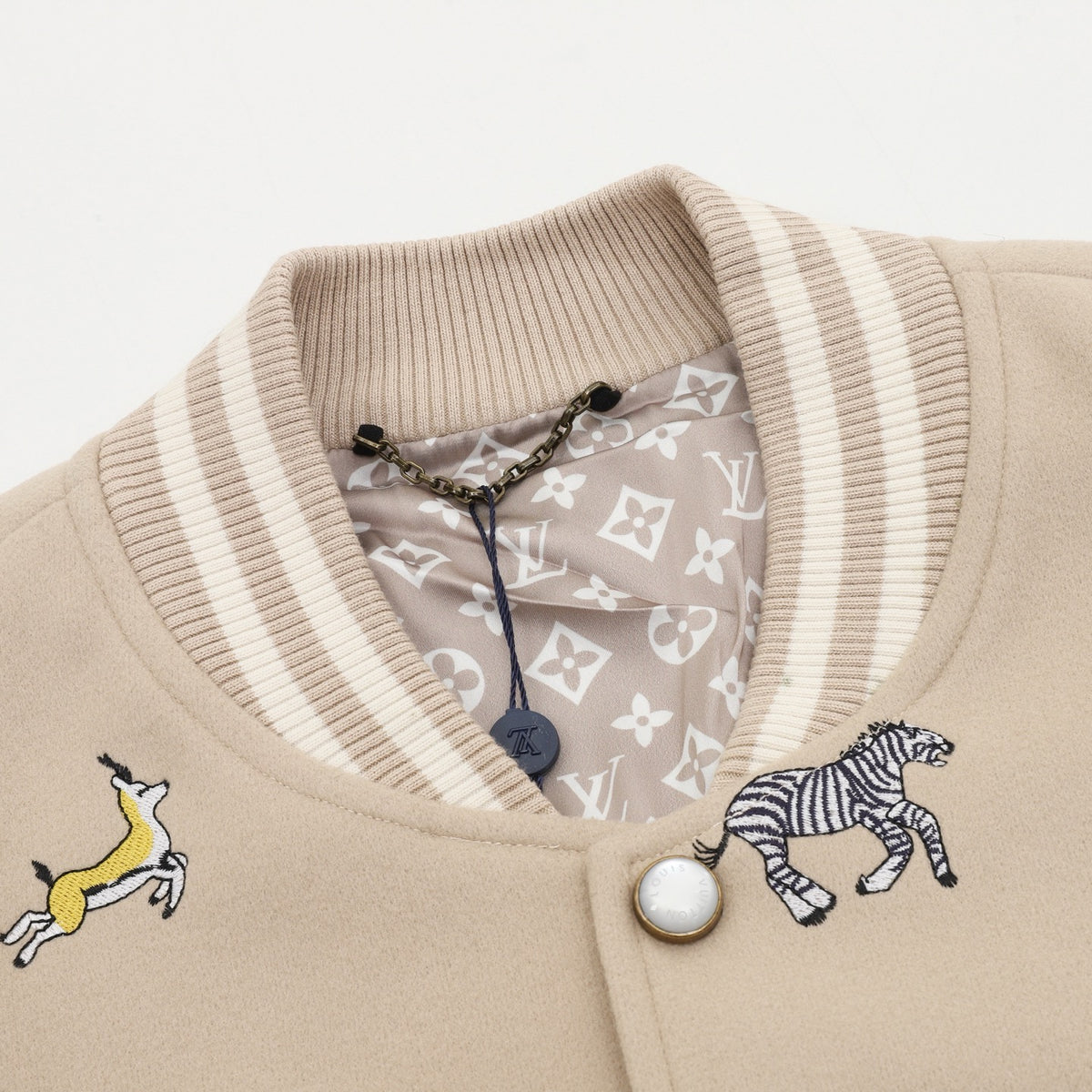 LV Reversible Jacket Animal Embroidery Varsity Jacket Wool Leather Sleeve Casual Baseball Coat Unisex & Off-white