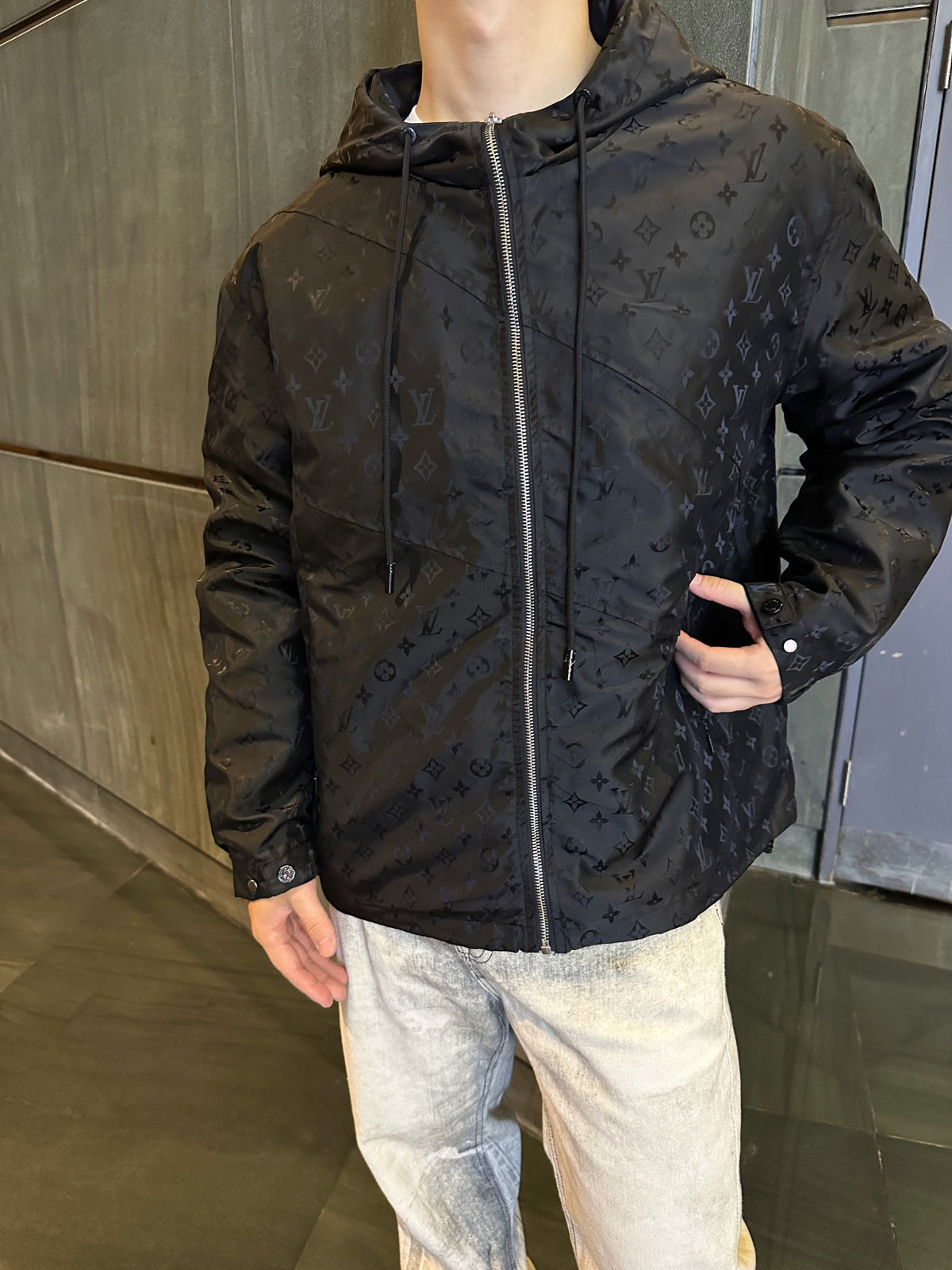Louis Vuitton Black Monogram Hooded Windbreaker All Over Jacquard LV Jacket