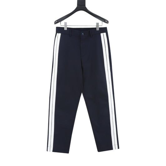 Moncler Men's Side Stripe Cotton Blend Straight Leg Trousers Luxury Casual Pants Navy/White