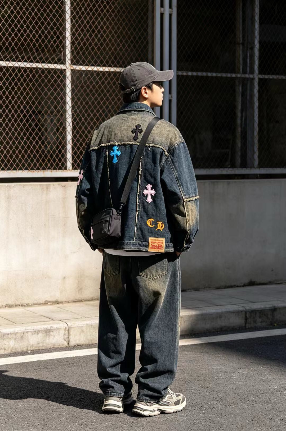 Chrome Hearts Cross Patch Destroyed Denim Jacket Unisex Vintage Washed Fringe Trucker Jacket  Faded Black Wash