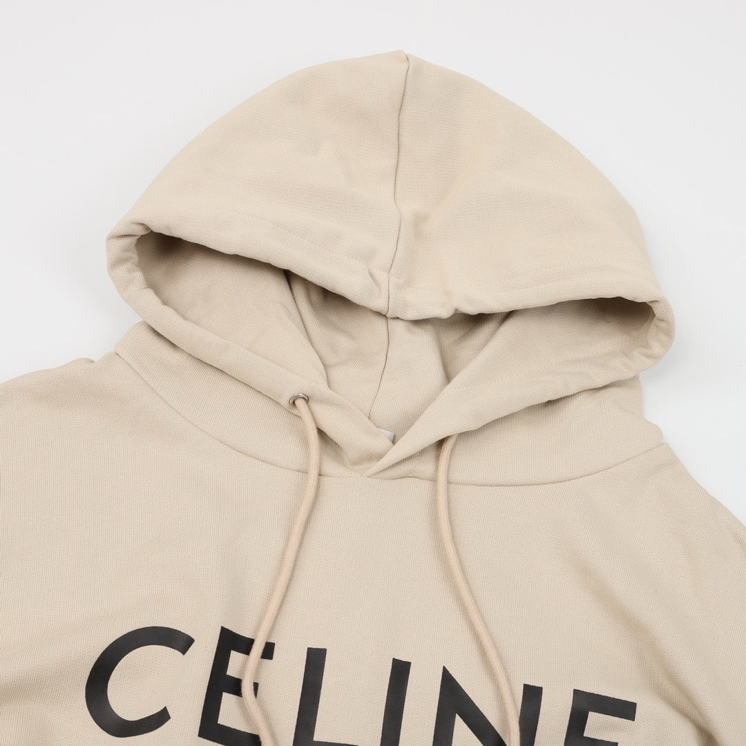 Celine Logo Print Pullover Hoodie Unisex Beige