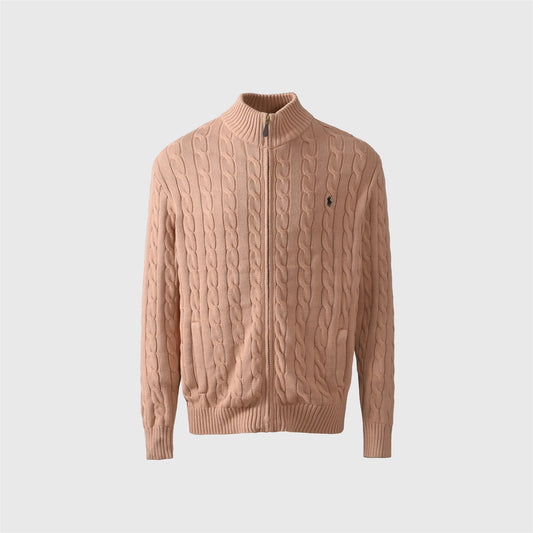 Polo Ralph Lauren Light Camel Cable Knit Full Zip Sweater Black Pony Logo Unisex