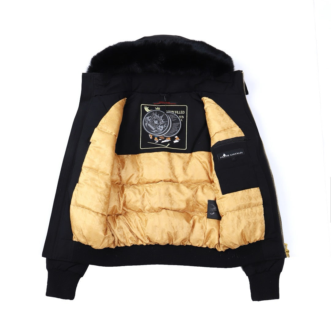 Moose Knuckles Ballistic Black Gold Hardware Short Bomber Parka Men Women