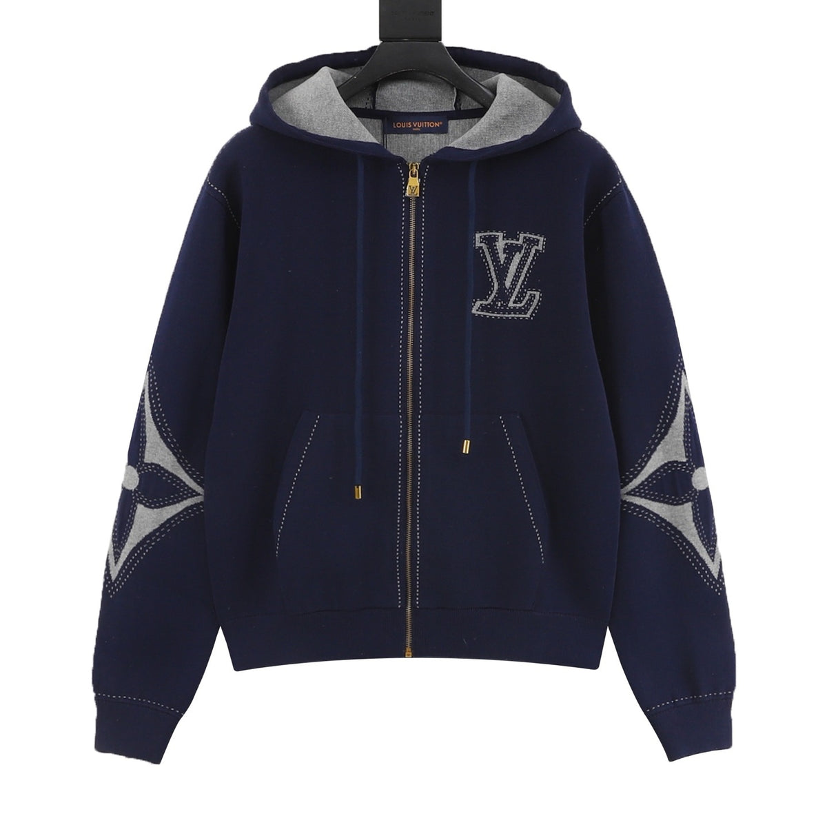 LV Contrast Stitch Embroidery Zip Hoodie Oversized Full Zip Jacket Sweatshirt Navy Unisex Blue（副本）