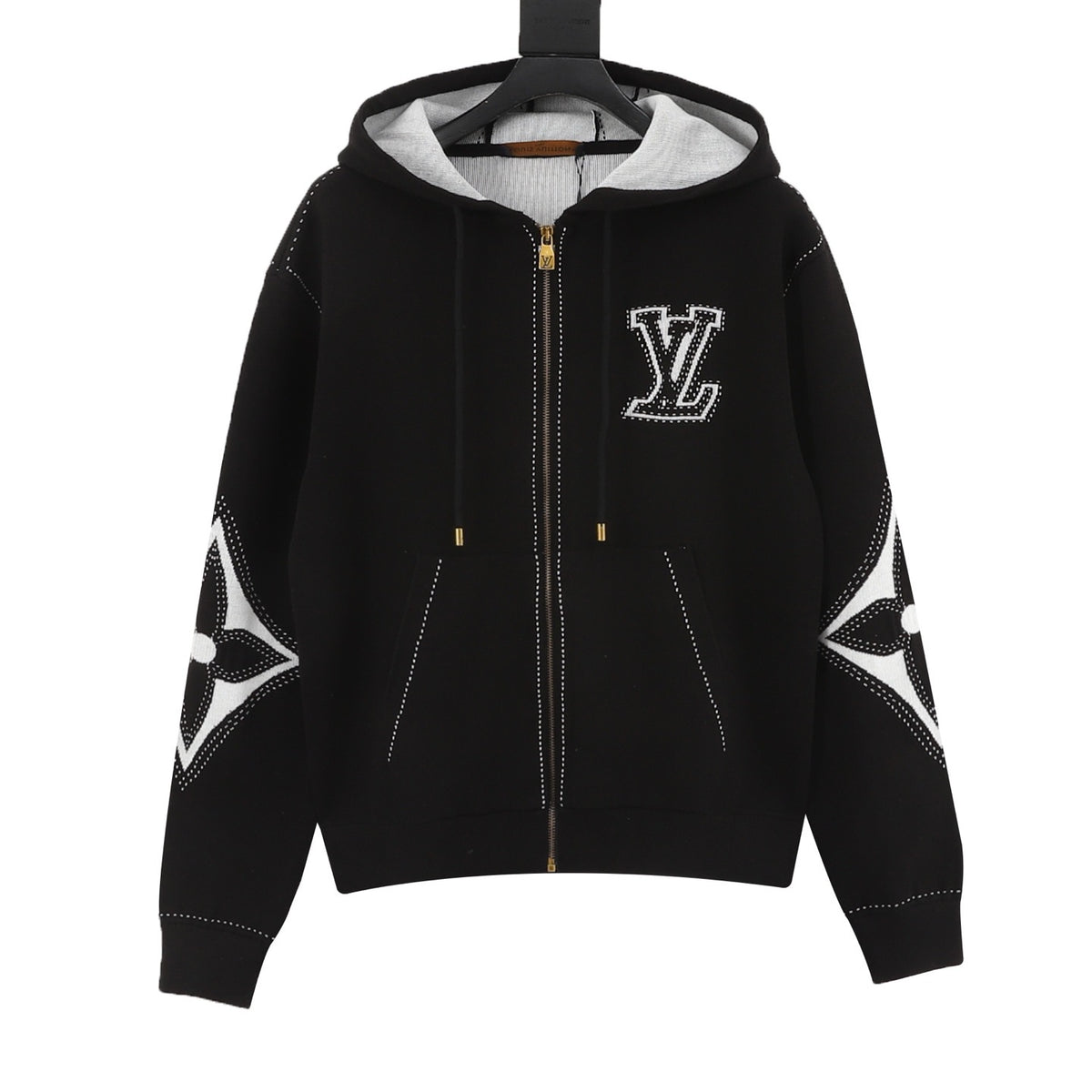 LV Contrast Stitch Embroidery Zip Hoodie Oversized Full Zip Jacket Sweatshirt Navy Unisex Black