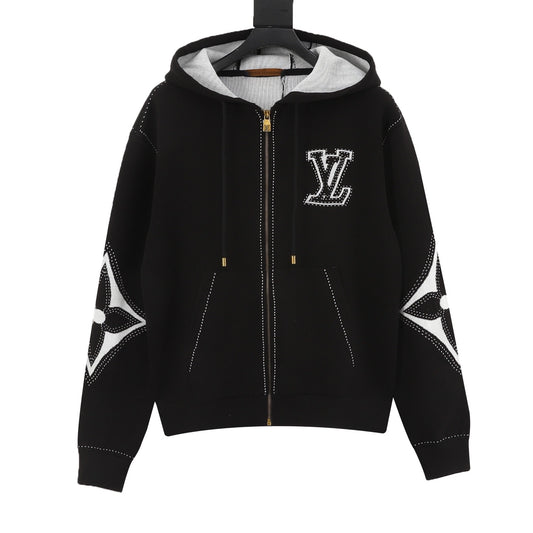 LV Contrast Stitch Embroidery Zip Hoodie Oversized Full Zip Jacket Sweatshirt Navy Unisex Black