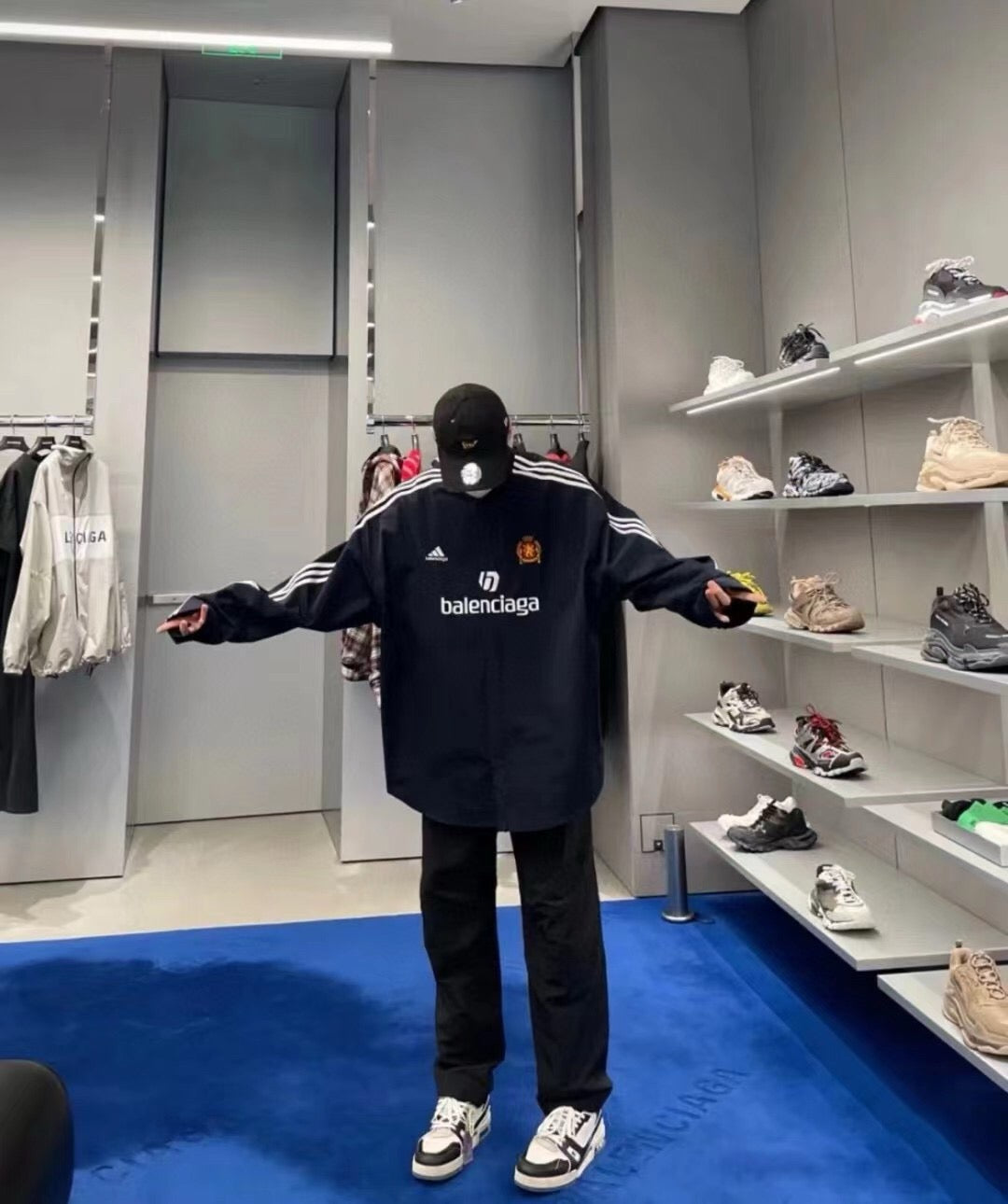 Balenciaga Adidas Collab Football Logo Striped Oversized Shirt Unisex Navy Blue with White Stripes