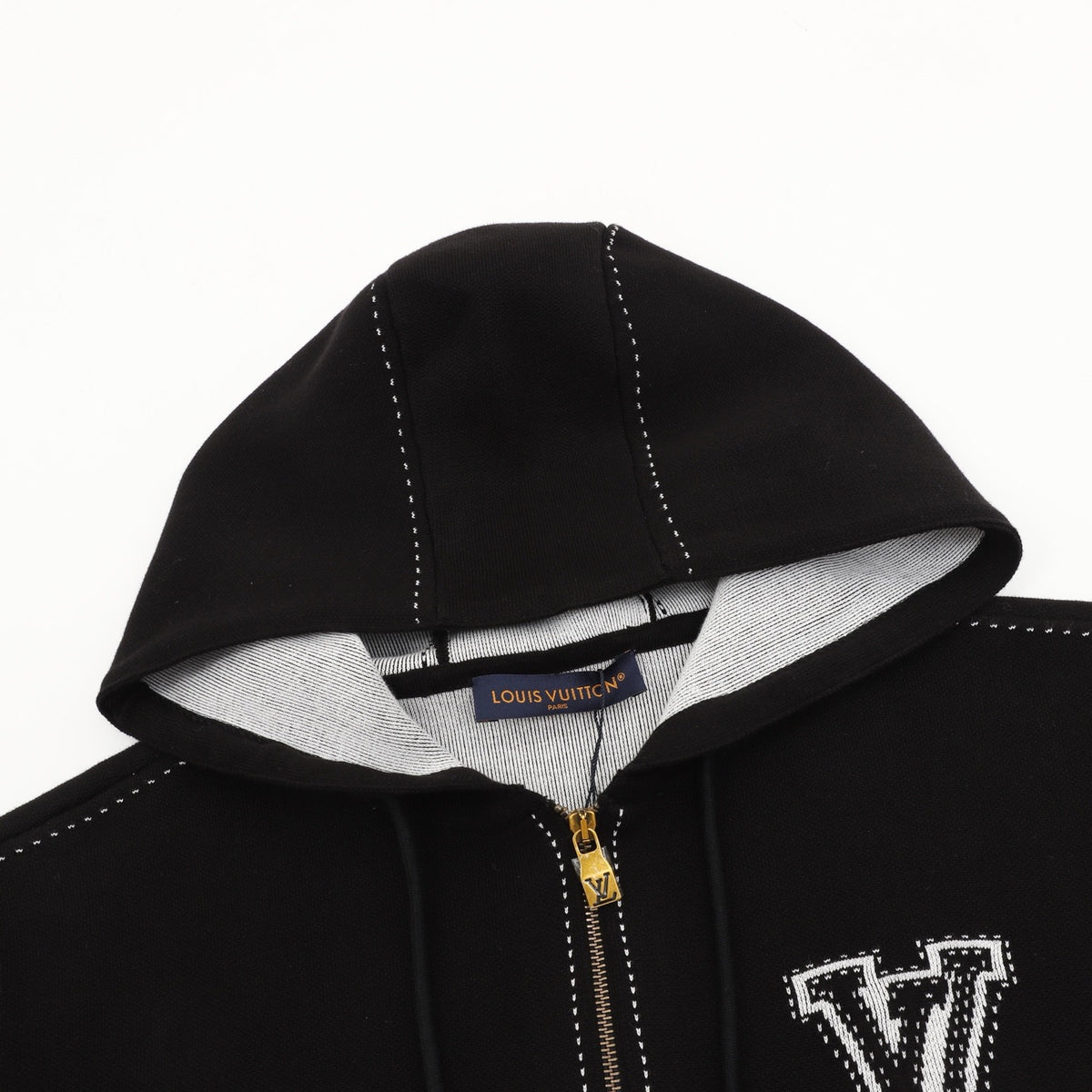 LV Contrast Stitch Embroidery Zip Hoodie Oversized Full Zip Jacket Sweatshirt Navy Unisex Black