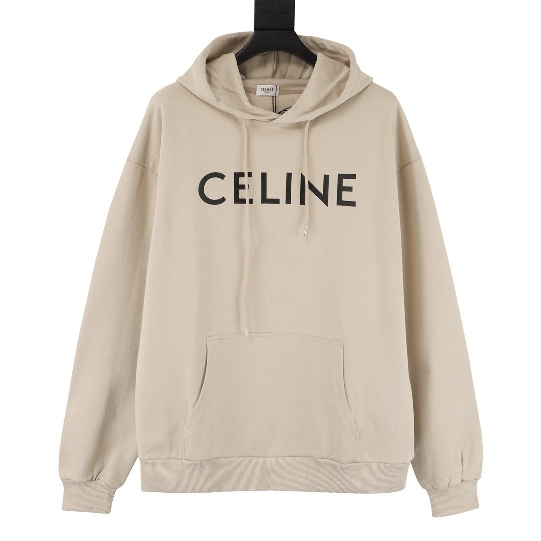 Celine Logo Print Pullover Hoodie Unisex Beige