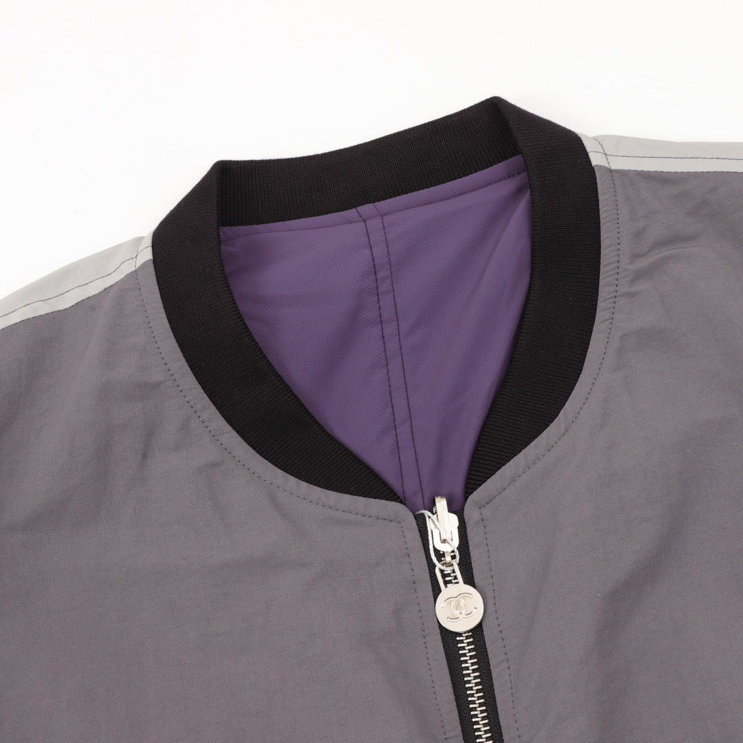 Chanel Grey Color Block Reversible Bomber Jacket CC Square Logo Unisex