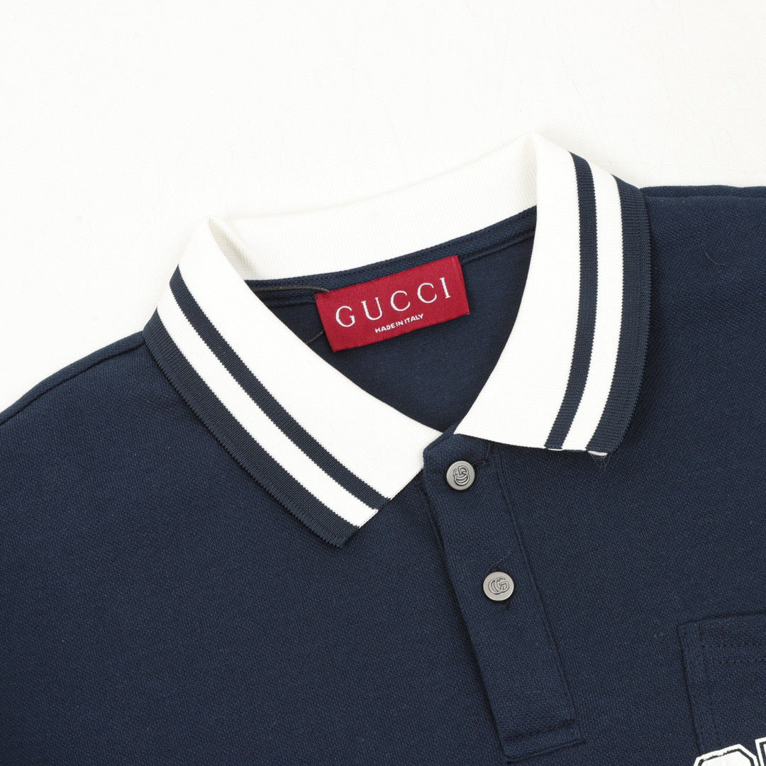 Gucci University Logo Long Sleeve Polo Shirt – Navy with Striped Collar
