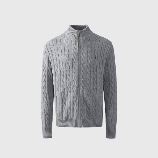 Polo Ralph Lauren Light Grey Cable Knit Full Zip Sweater White Pony Logo Unisex