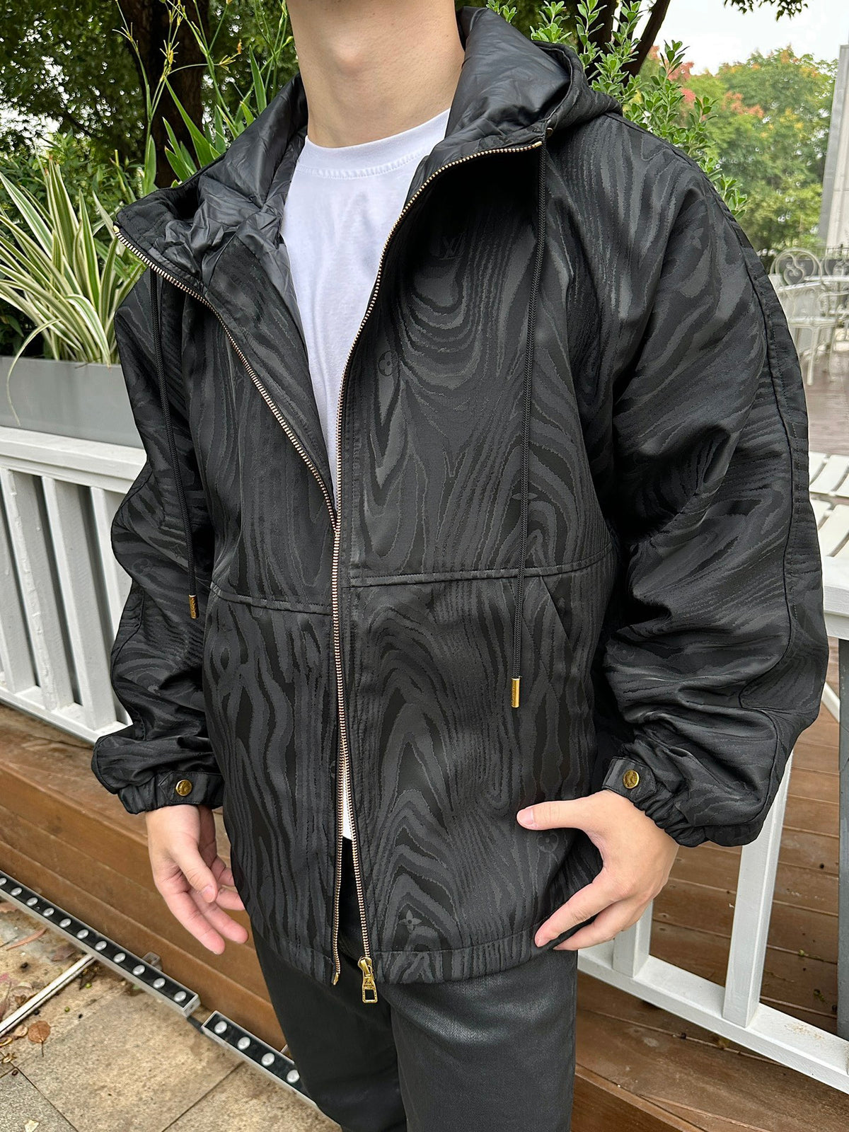 Celine Black Wood Grain Jacquard Hooded Windbreaker Gold Zip Jacket