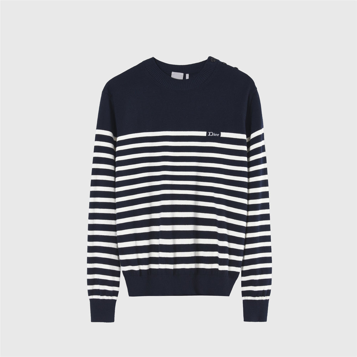 Dior Logo Striped Crew Neck Long Sleeve Knit Sweater Unisex Navy & White Striped