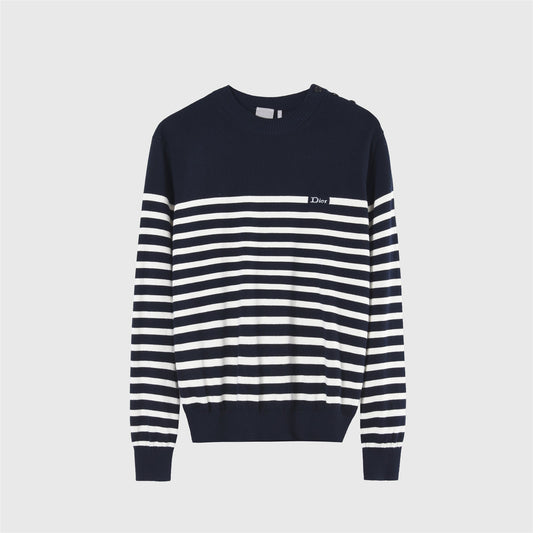 Dior Logo Striped Crew Neck Long Sleeve Knit Sweater Unisex Navy & White Striped