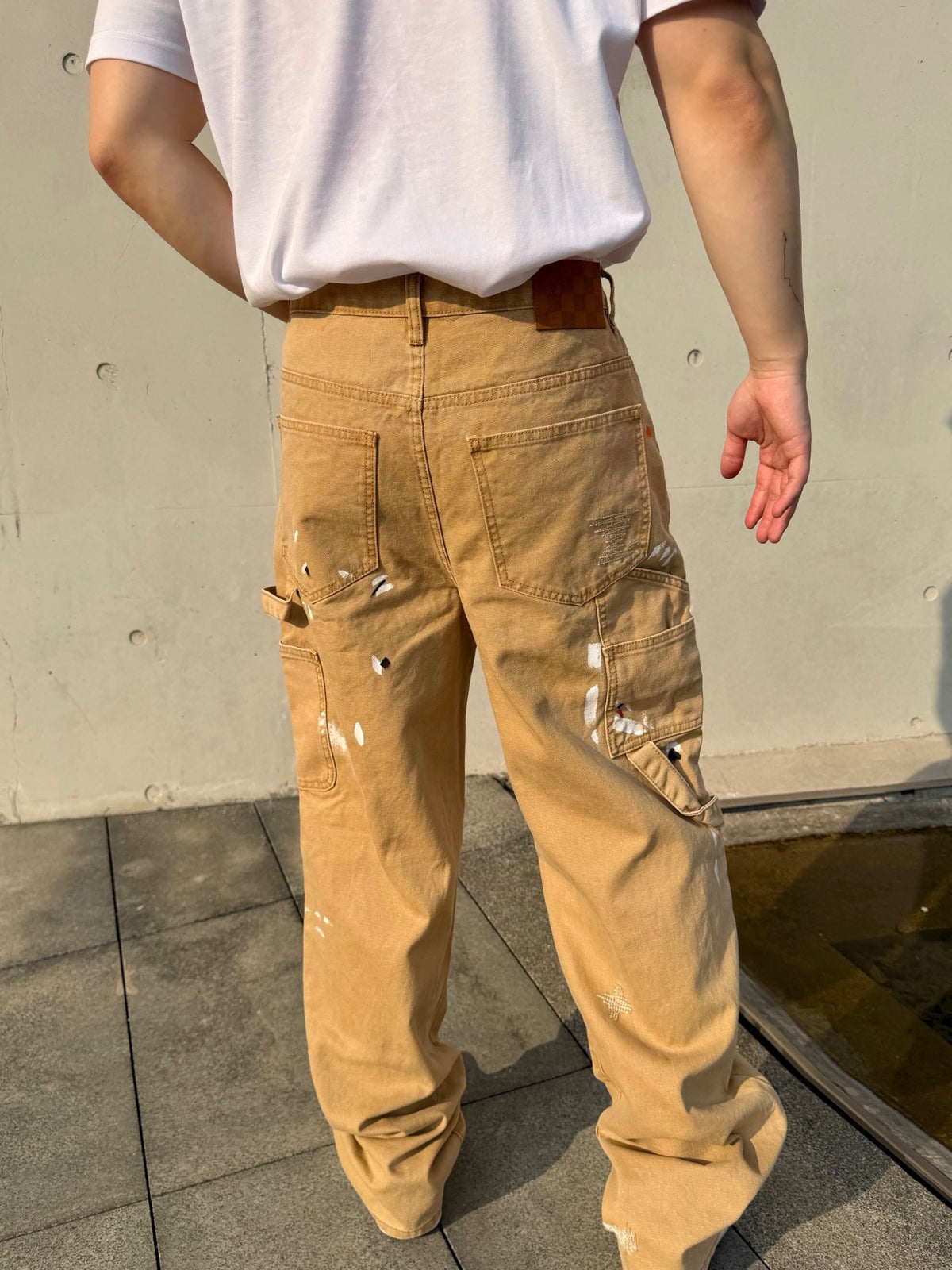 LV Luxury Paint Splatter Carpenter Pants Multi Pocket Streetwear Work Trousers Khaki