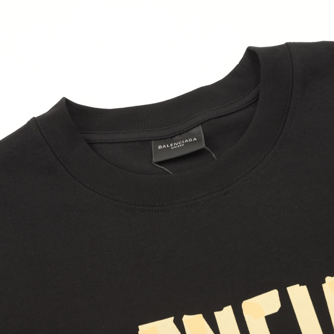 Balenciaga Tape Print Logo Long Sleeve Top Oversized Casual Shirt Unisex Black with Yellow Tape Print