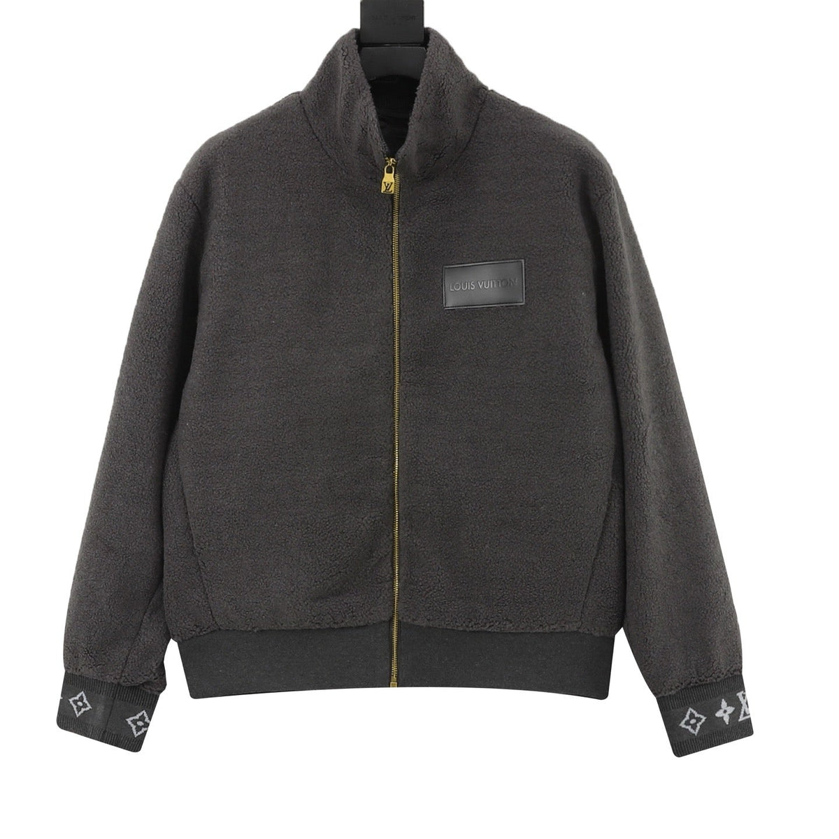 Louis Vuitton Fleece Zip Up Jacket Unisex Stand Collar Sherpa Outerwear Dark Grey