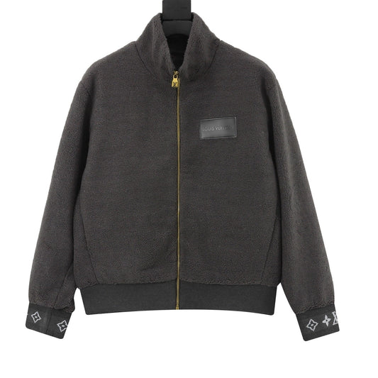 Louis Vuitton Fleece Zip Up Jacket Unisex Stand Collar Sherpa Outerwear Dark Grey