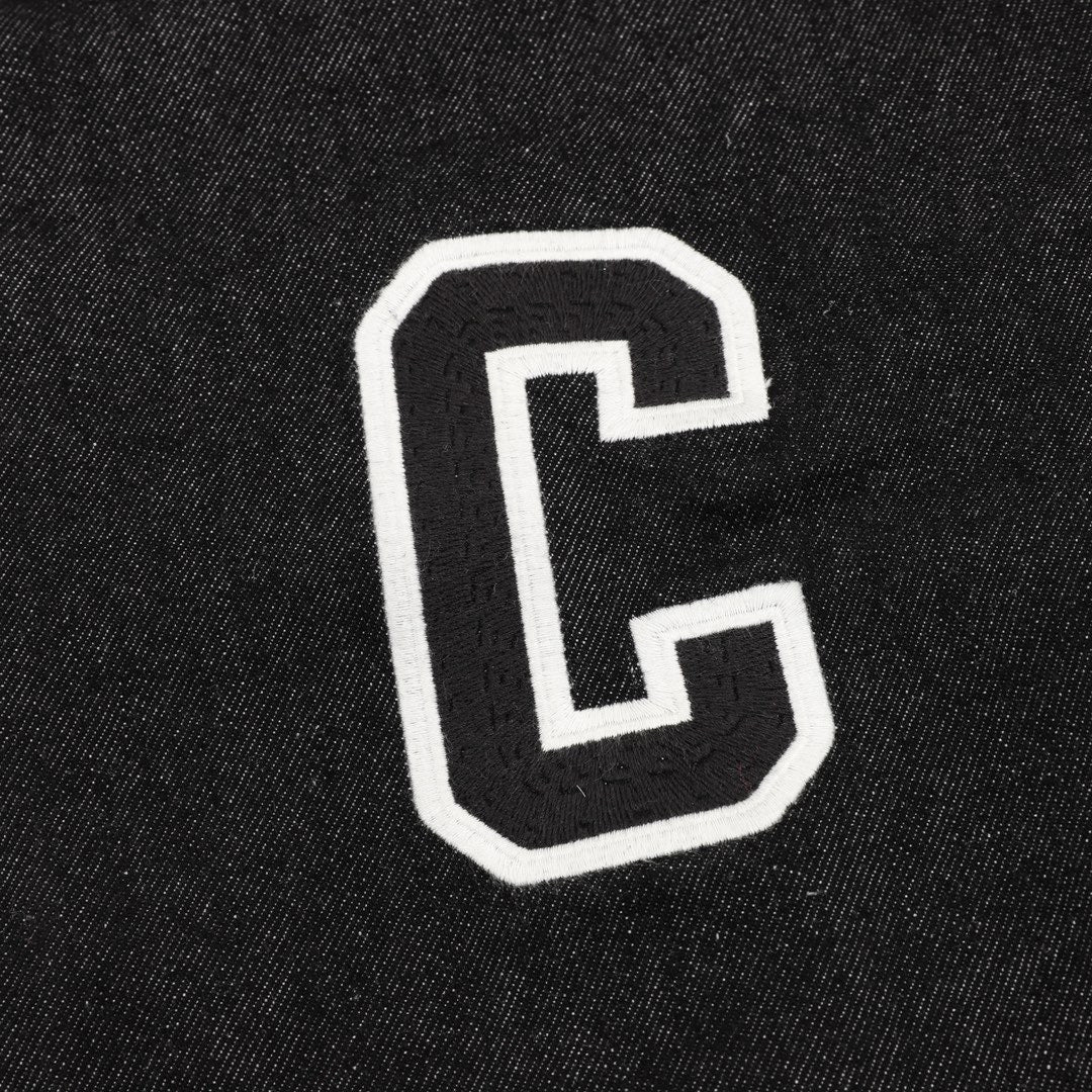 Celine Black Denim Leather Sleeve Detachable Hood Varsity Jacket Unisex